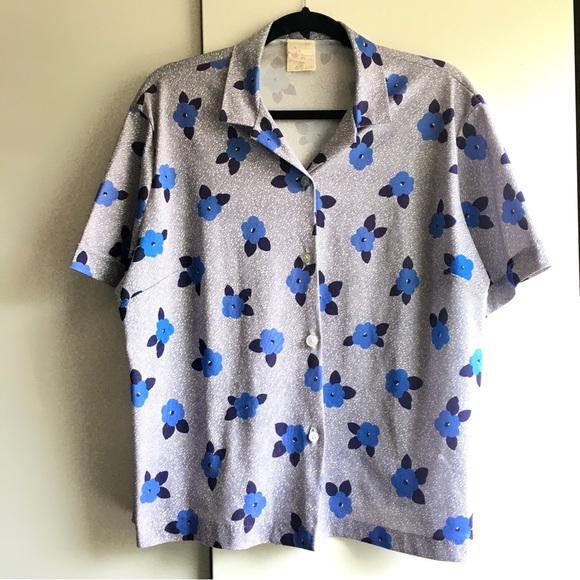 Vintage blue floral boxy buttoned womens short sleeve top blouse button 44 large - Picture 4 of 10